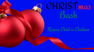 Blue background with red Christmas tree ornaments. Title is Christmas Tree Bash